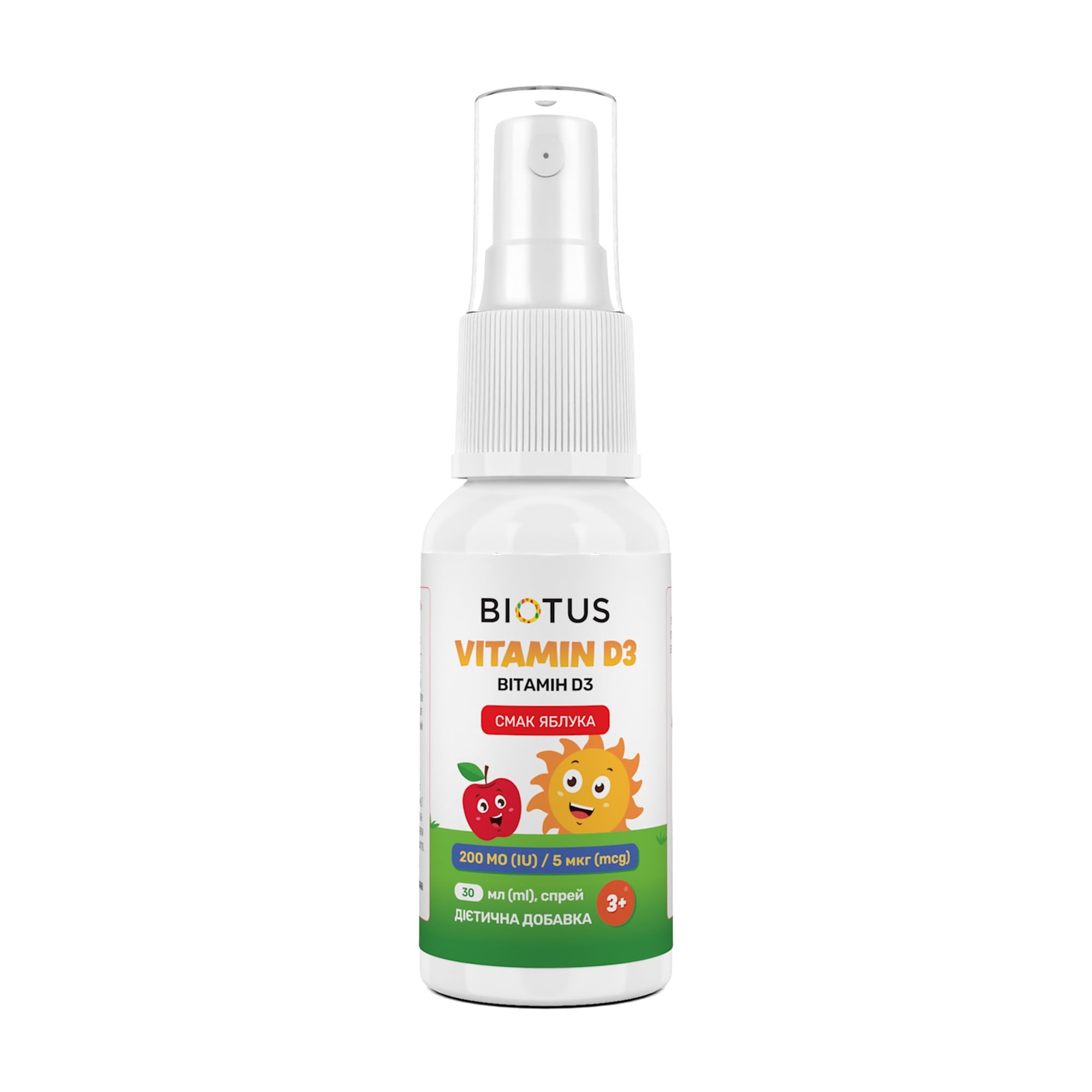 Дитячий вітамін Д3 Biotus Vitamin D3, 200 МО/5 мкг, зі смаком яблука, в спреї, 30 мл